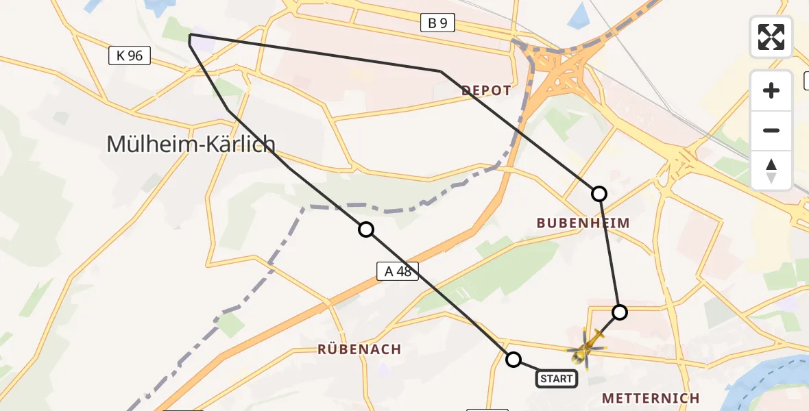 Flugroute Rettungshubschrauber Koblenz - Koblenz, 23 Februar 2026, 13:12