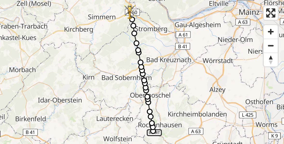 Flugroute Rettungshubschrauber Imsweiler UL - Rheinböllen, 23 Februar 2026, 13:15