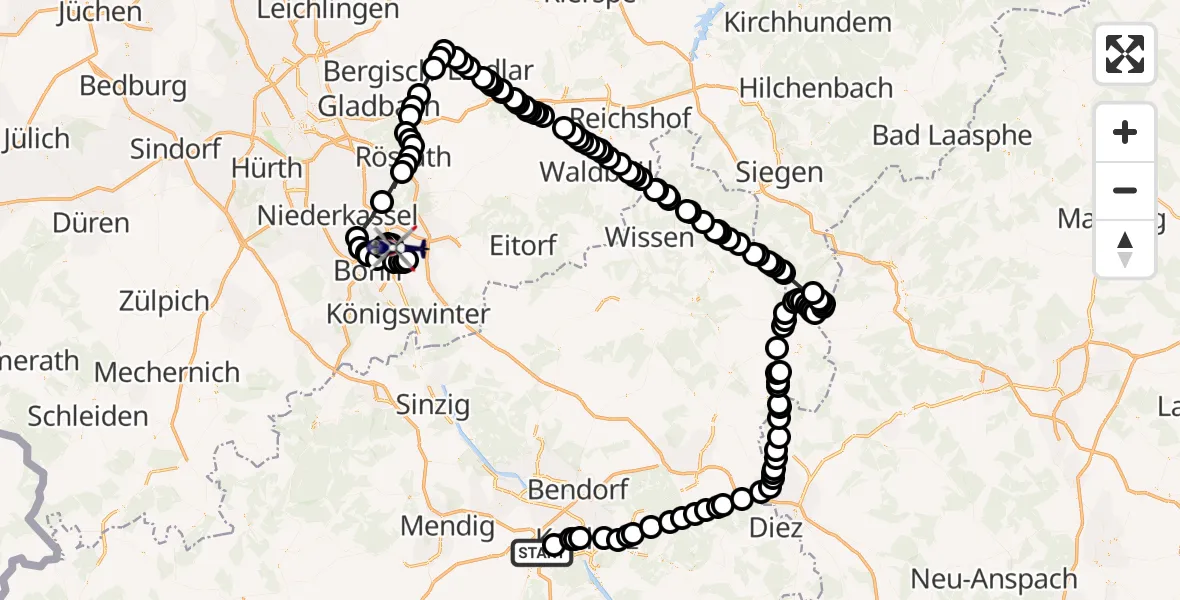 Flugroute Polizeihubschrauber Kobern-Gondorf - Sankt Augustin, 23 Februar 2026, 13:16