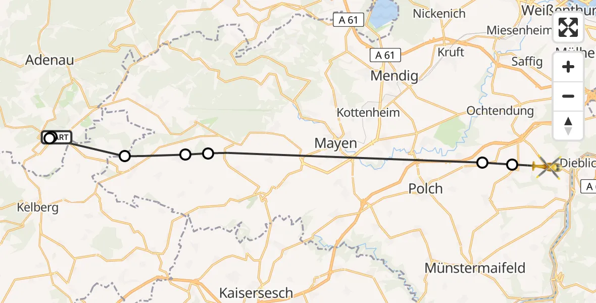 Flugroute Ambulanzhubschrauber Nürburgring Heliport - Kobern-Gondorf, 23 Februar 2026, 13:18