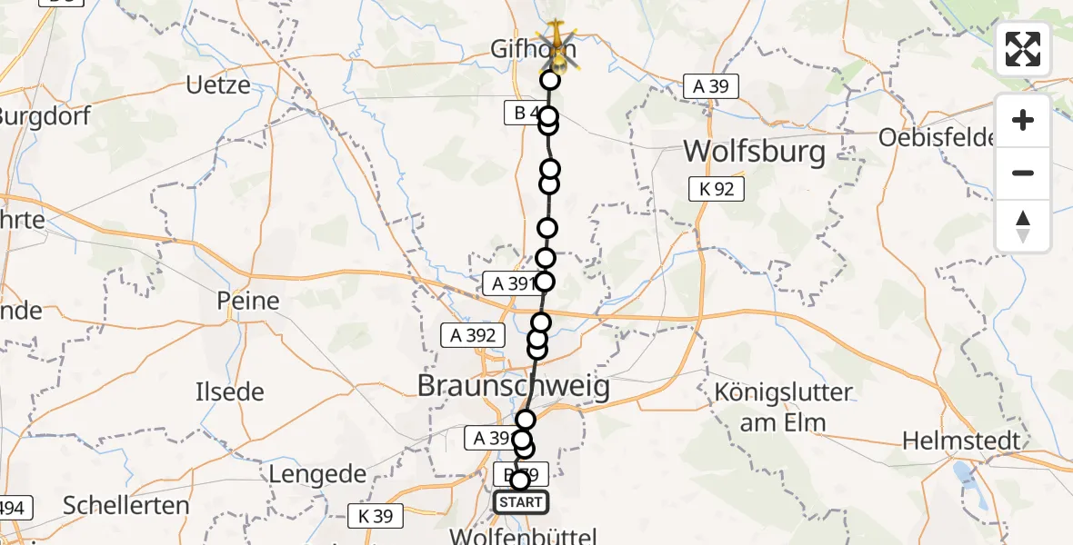 Routekaart van de vlucht: Rettungshubschrauber nach Gifhorn, Osttangente