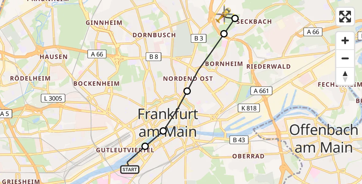 Flugroute Rettungshubschrauber Frankfurt University Hospital Heliport - Frankfurt am Main Accident Hospital Roof Helipad (CHX2), 23 Februar 2026, 13:22