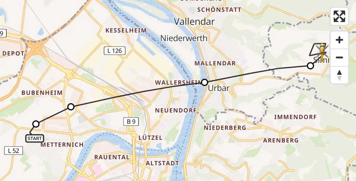 Flugroute Rettungshubschrauber Koblenz - Simmern, 23 Februar 2026, 13:22