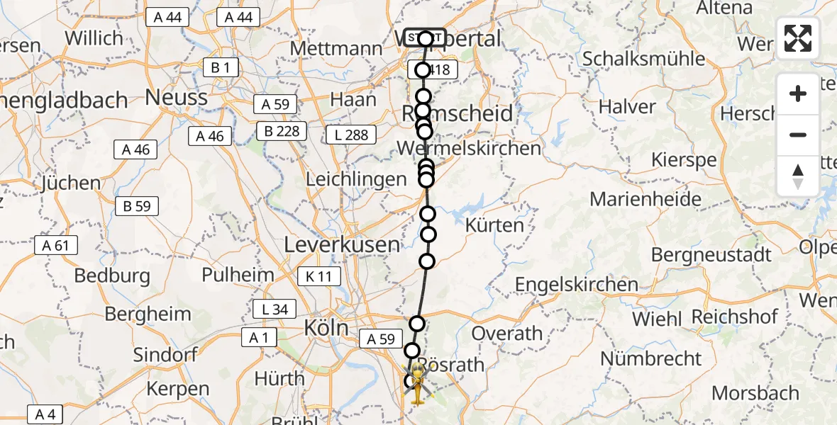 Flugroute Ambulanzhubschrauber Uellendahl-Katernberg - Cologne Bonn Airport, 23 Februar 2026, 13:25