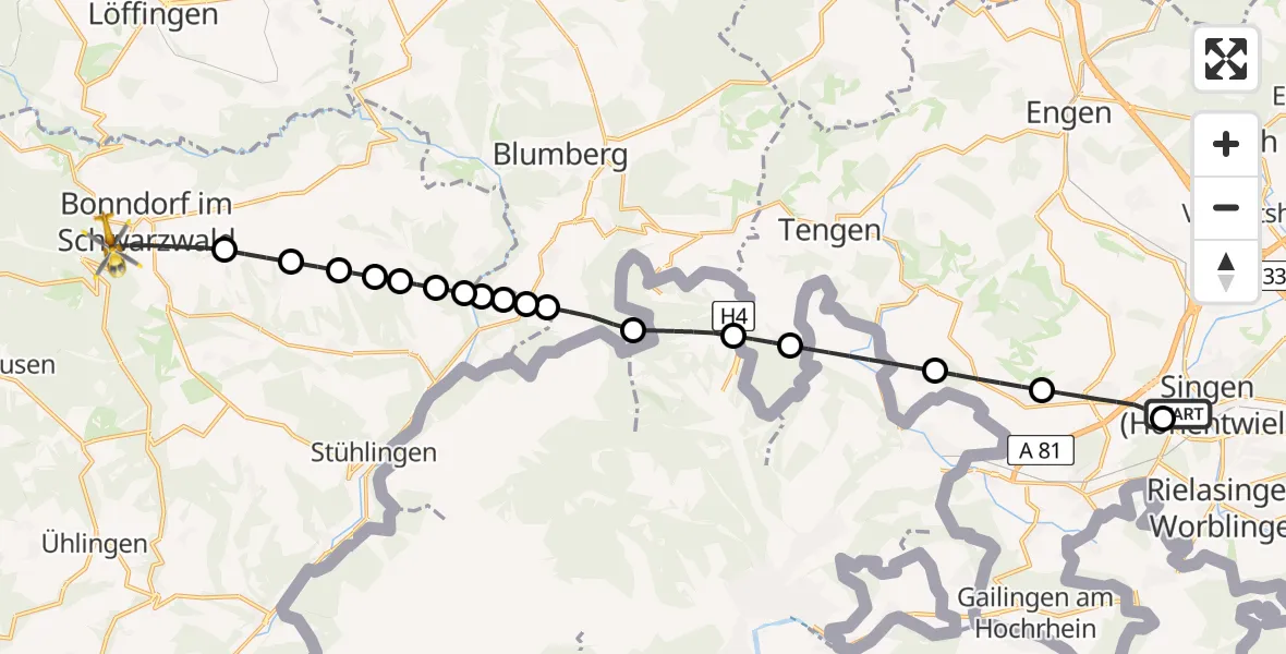 Flugroute Rettungshubschrauber Singen (Hohentwiel) - Bonndorf im Schwarzwald, 23 Februar 2026, 13:39