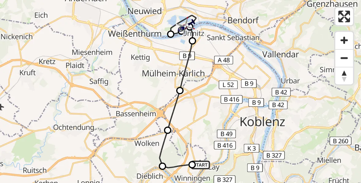 Flugroute Polizeihubschrauber Koblenz-Winningen Airfield - Neuwied, 23 Februar 2026, 13:41