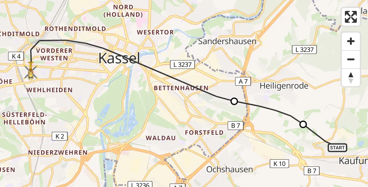 Routekaart van de vlucht: Rettungshubschrauber nach Kassel, Hansteinstraße