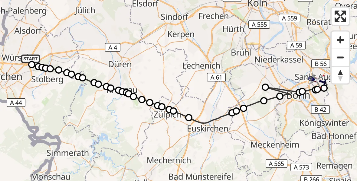 Flugroute Polizeihubschrauber Würselen - Bonn-Hangelar Airfield, 23 Februar 2026, 13:46