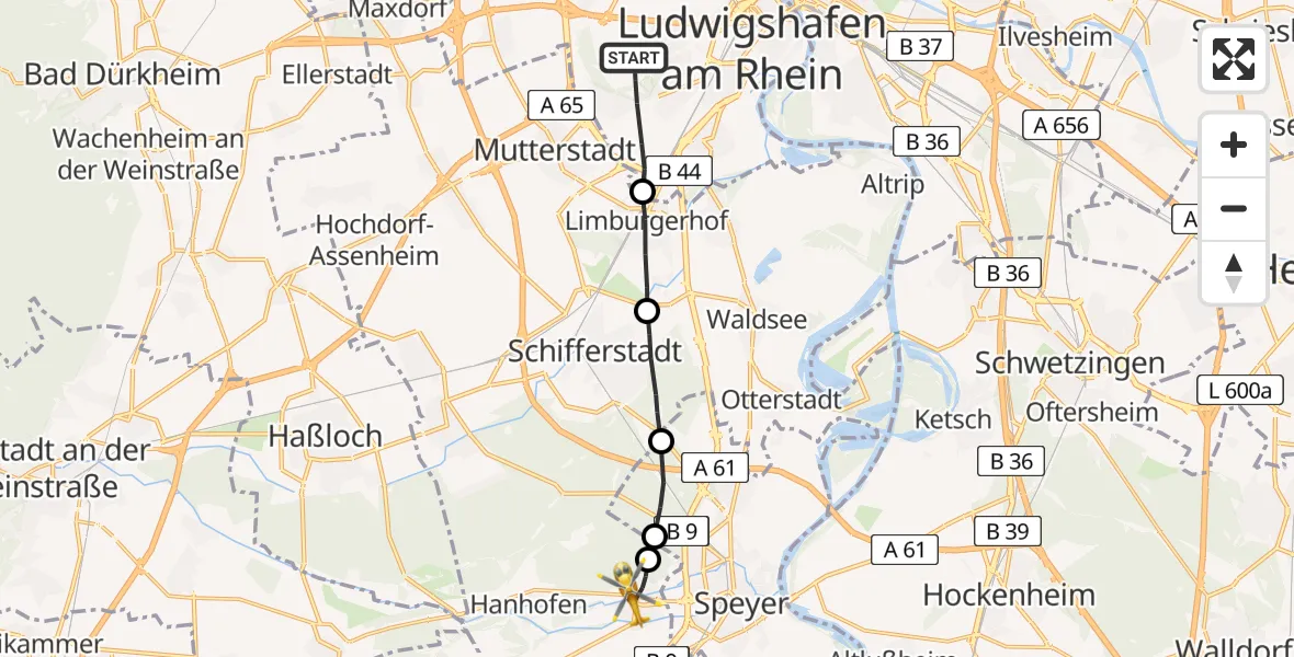 Flugroute Rettungshubschrauber Ludwigshafen am Rhein - Dudenhofen, 23 Februar 2026, 13:54