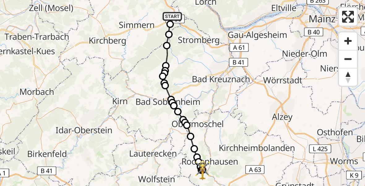 Flugroute Rettungshubschrauber Rheinböllen - Imsweiler UL, 23 Februar 2026, 13:55