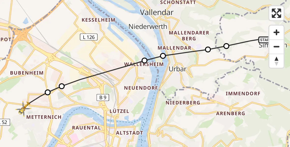 Routekaart van de vlucht: Rettungshubschrauber nach Koblenz, Rübenacher Straße