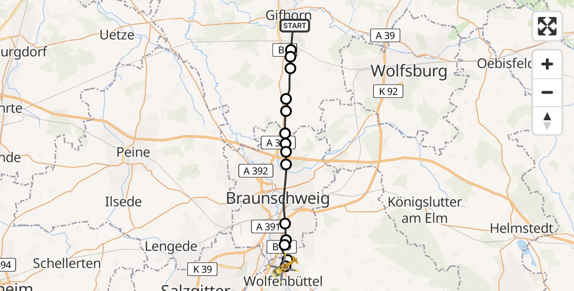 Flugroute Rettungshubschrauber Gifhorn - Wolfenbüttel Municipal Hospital Heliport (Christoph 30), 23 Februar 2026, 13:58