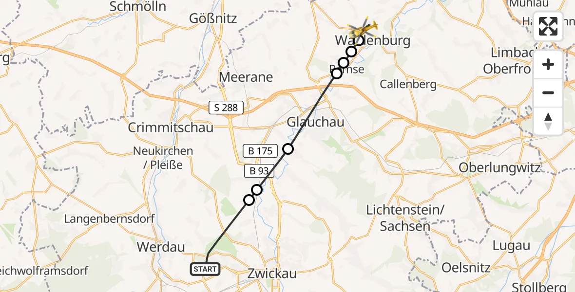 Flugroute Rettungshubschrauber Zwickau - Waldenburg, 23 Februar 2026, 14:09