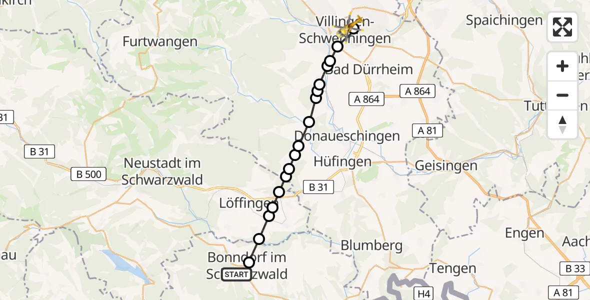 Flugroute Rettungshubschrauber Bonndorf im Schwarzwald - DRF Air Rescue Station Villingen-Schwenningen Heliport (Christoph 11), 23 Februar 2026, 14:09