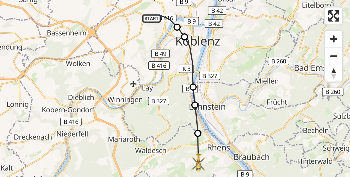 Flugroute Rettungshubschrauber Koblenz - Rhens, 23 Februar 2026, 14:12
