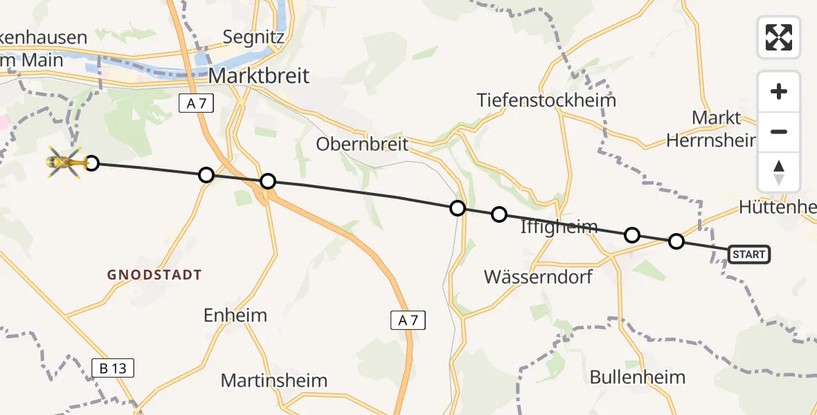 Flugroute Rettungshubschrauber Hüttenheim - Ochsenfurt, 23 Februar 2026, 14:13