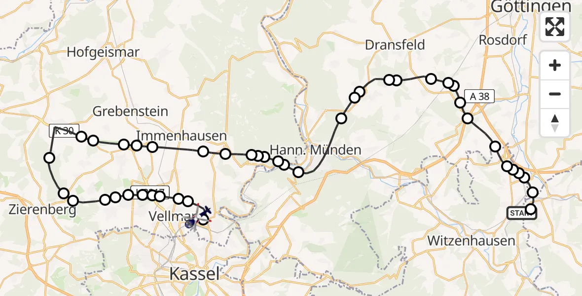Routekaart van de vlucht: Polizeihubschrauber nach Fuldatal Federal Police Heliport