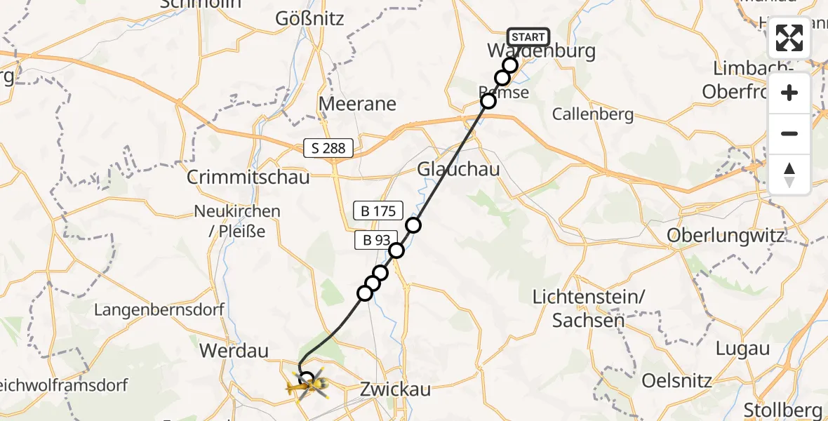 Flugroute Rettungshubschrauber Waldenburg - ADAC Air Rescue Station Zwickau Heliport, 23 Februar 2026, 14:33