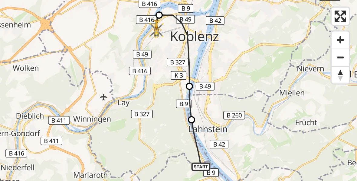 Flugroute Rettungshubschrauber Stolzenfels - Kemperhof Koblenz Clinic Heliport, 23 Februar 2026, 14:35