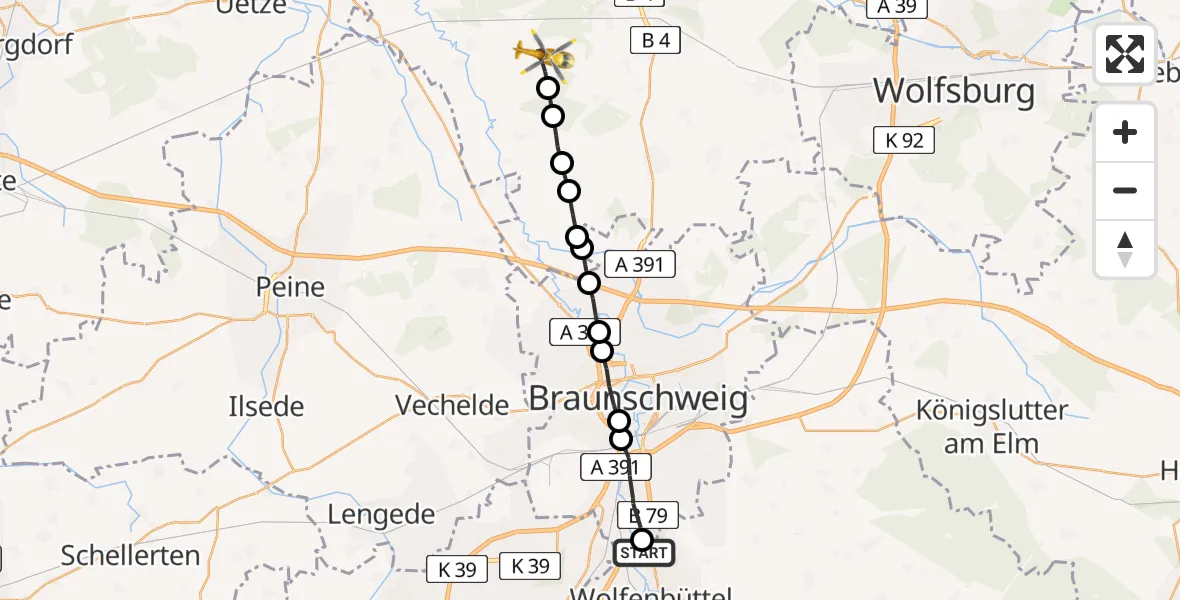 Flugroute Rettungshubschrauber Wolfenbüttel - Leiferde, 23 Februar 2026, 14:36