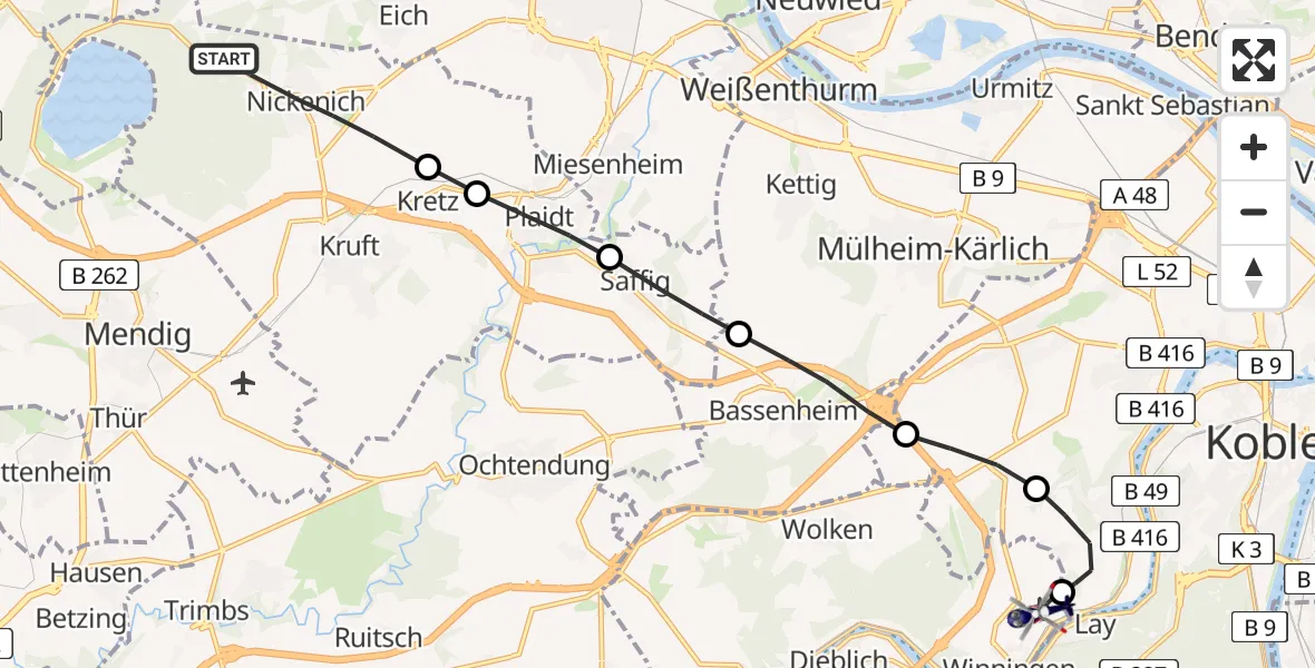 Flugroute Polizeihubschrauber Nickenich - Koblenz-Winningen Airfield, 23 Februar 2026, 14:39