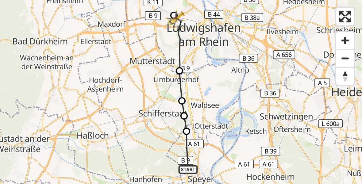 Flugroute Rettungshubschrauber Speyer - Ludwigshafen Accident Hospital Heliport, 23 Februar 2026, 14:44