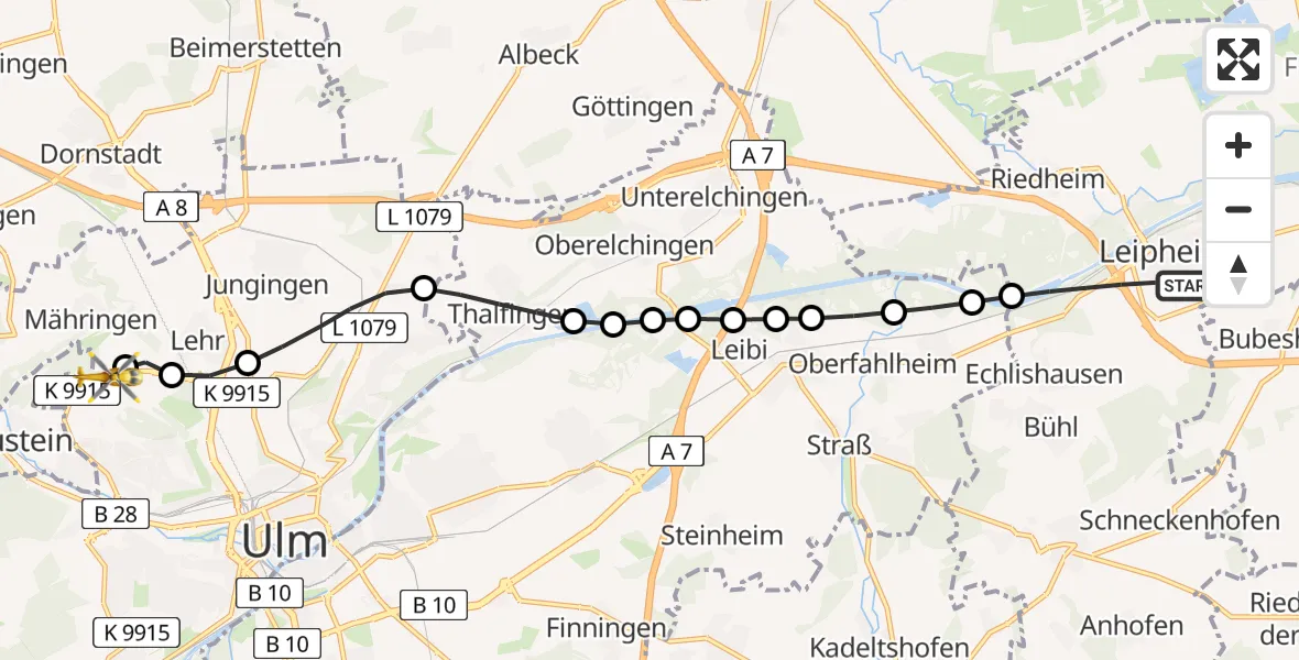 Routekaart van de vlucht: Rettungshubschrauber nach ADAC Air Rescue Station Ulm (Christoph 22)