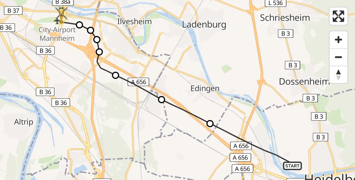 Flugroute Rettungshubschrauber Heidelberg - Mannheim-City Airport, 23 Februar 2026, 14:53