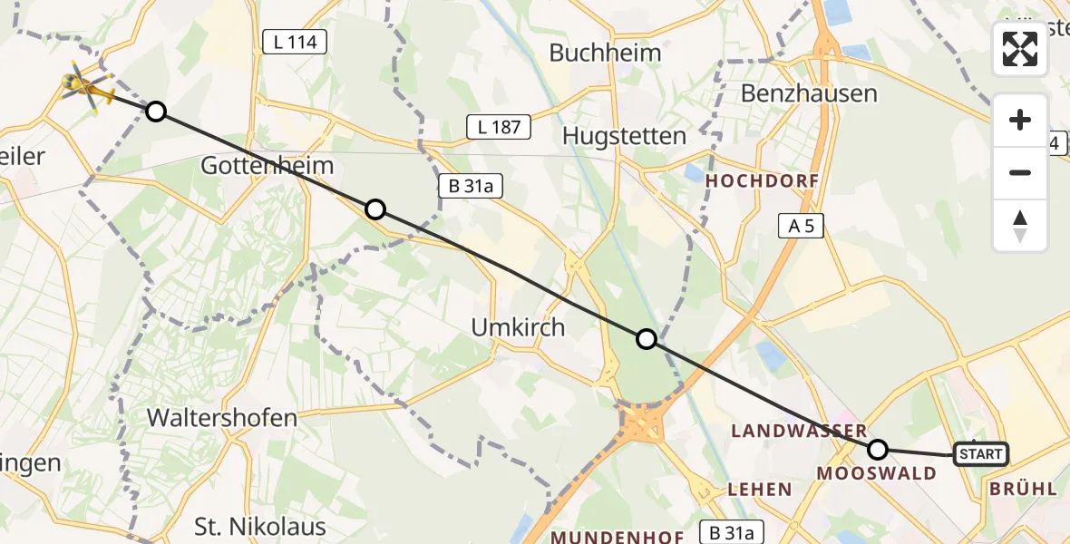 Flugroute Rettungshubschrauber Freiburg im Breisgau Airfield - Ihringen, 23 Februar 2026, 15:04