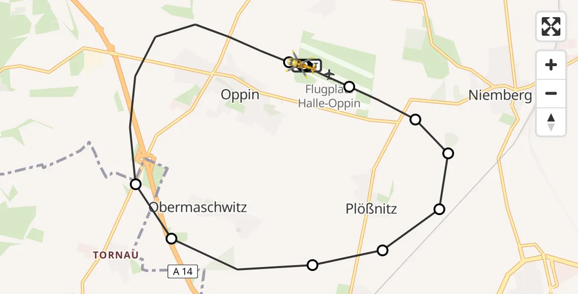 Flugroute Ambulanzhubschrauber Halle-Oppin Airfield - Landsberg, 23 Februar 2026, 15:15