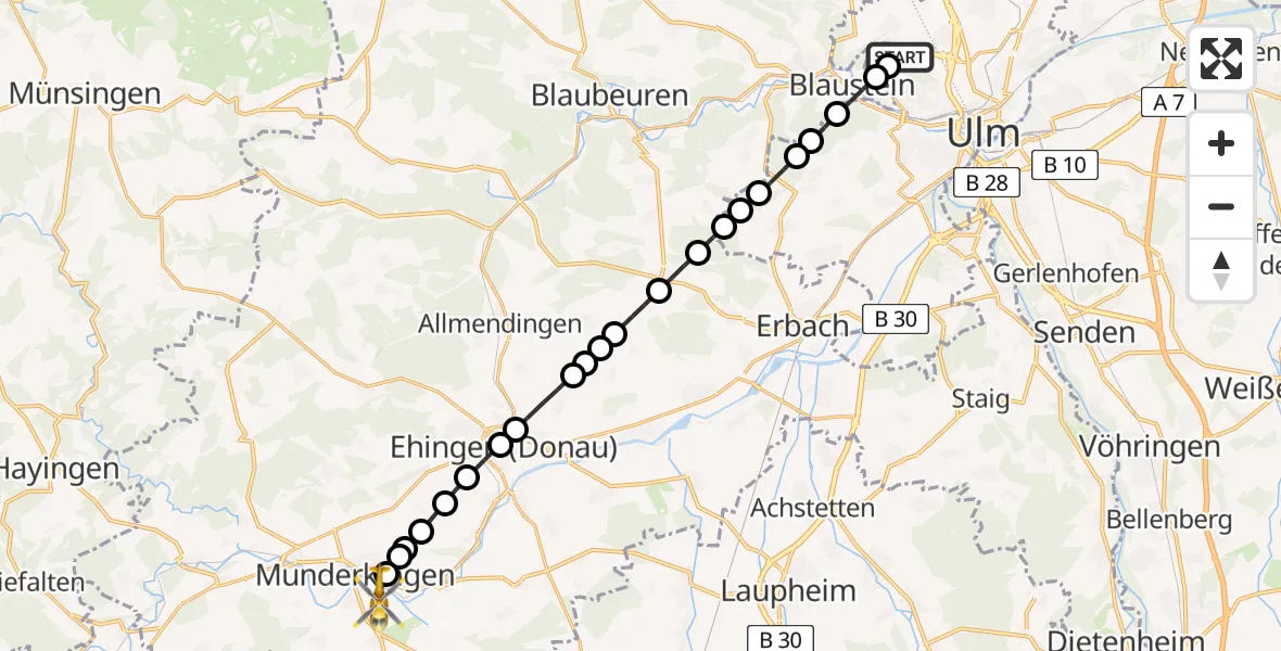 Flugroute Rettungshubschrauber ADAC Air Rescue Station Ulm (Christoph 22) - Munderkingen, 23 Februar 2026, 15:18