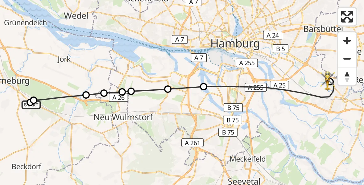 Routekaart van de vlucht: Ambulanzhubschrauber nach Christoph Hansa ADAC Helipad