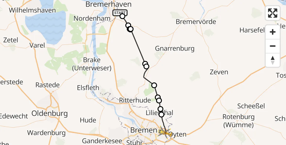 Flugroute Rettungshubschrauber Schiffdorf - Bremen-Ost, 23 Februar 2026, 15:36