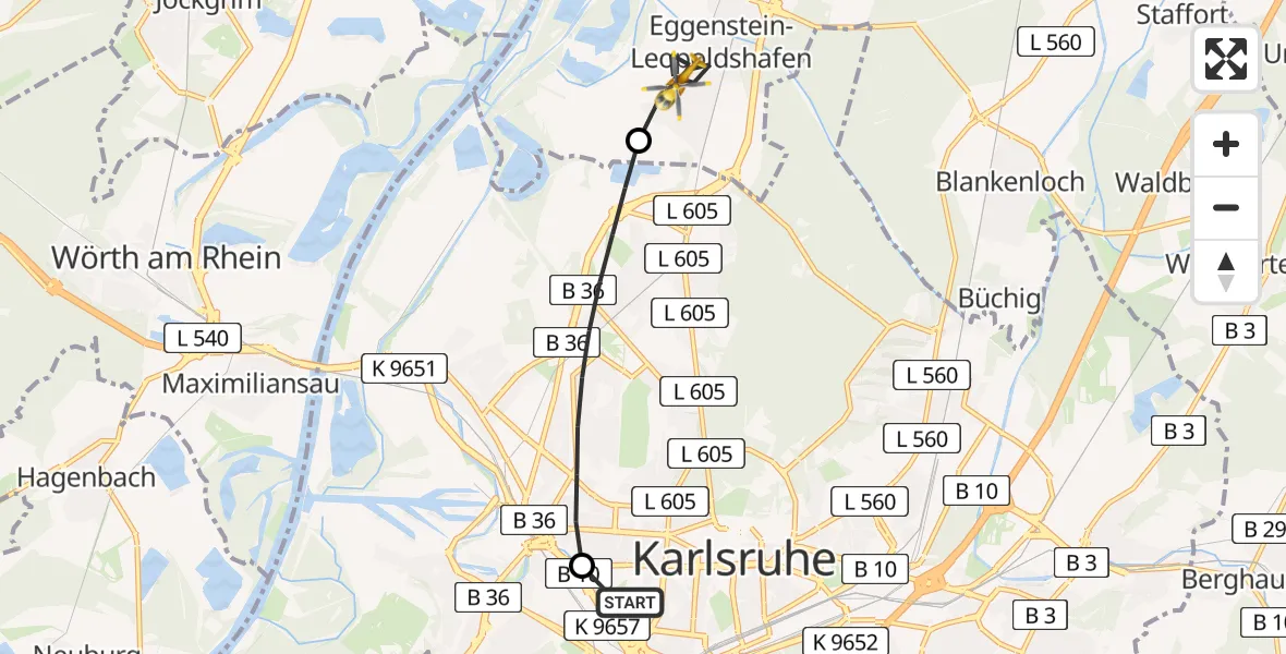 Flugroute Rettungshubschrauber Sankt Vincentius Hospital Heliport - Eggenstein-Leopoldshafen, 23 Februar 2026, 15:43