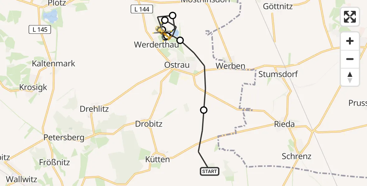 Flugroute Ambulanzhubschrauber Kütten - Ostrau, 23 Februar 2026, 15:45