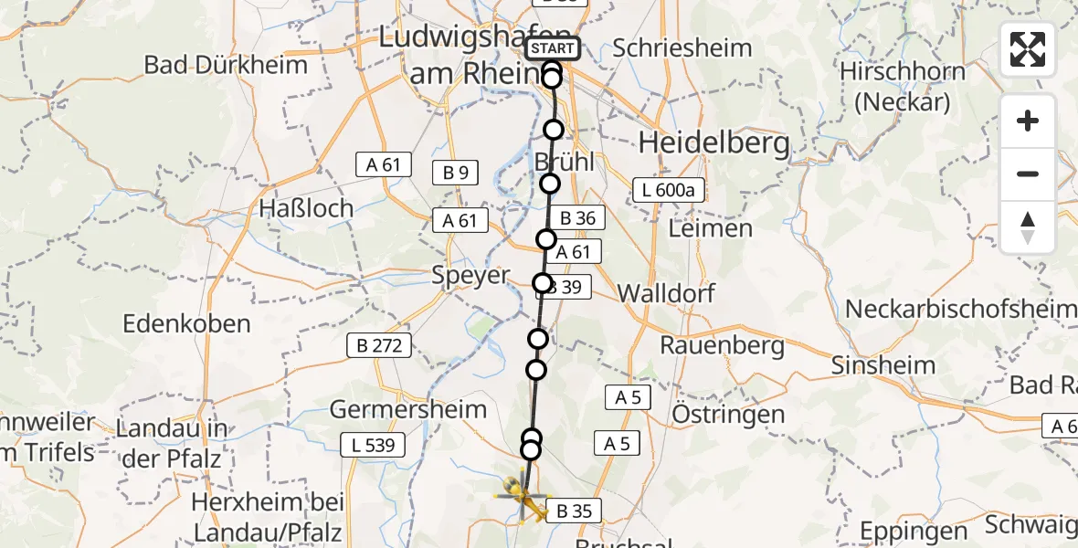 Flugroute Rettungshubschrauber Mannheim-City Airport - Graben-Neudorf, 23 Februar 2026, 15:56