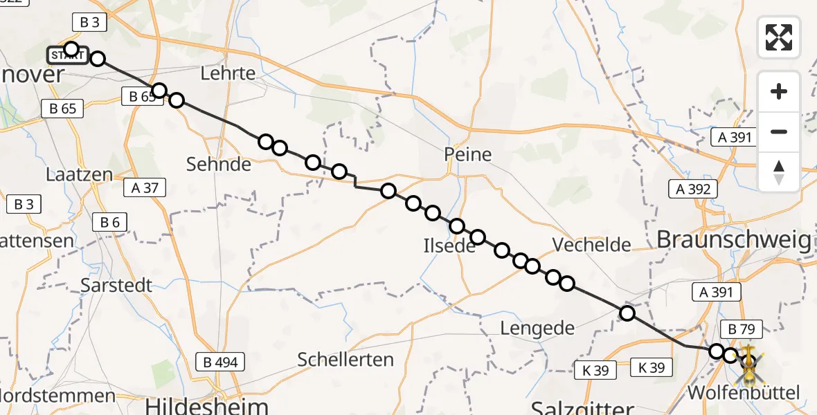 Routekaart van de vlucht: Rettungshubschrauber nach Wolfenbüttel Municipal Hospital Heliport (Christoph 30)