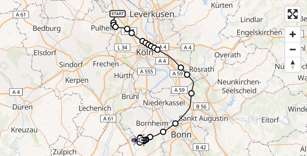 Flugroute Polizeihubschrauber Chorweiler - Brenig, 23 Februar 2026, 16:00