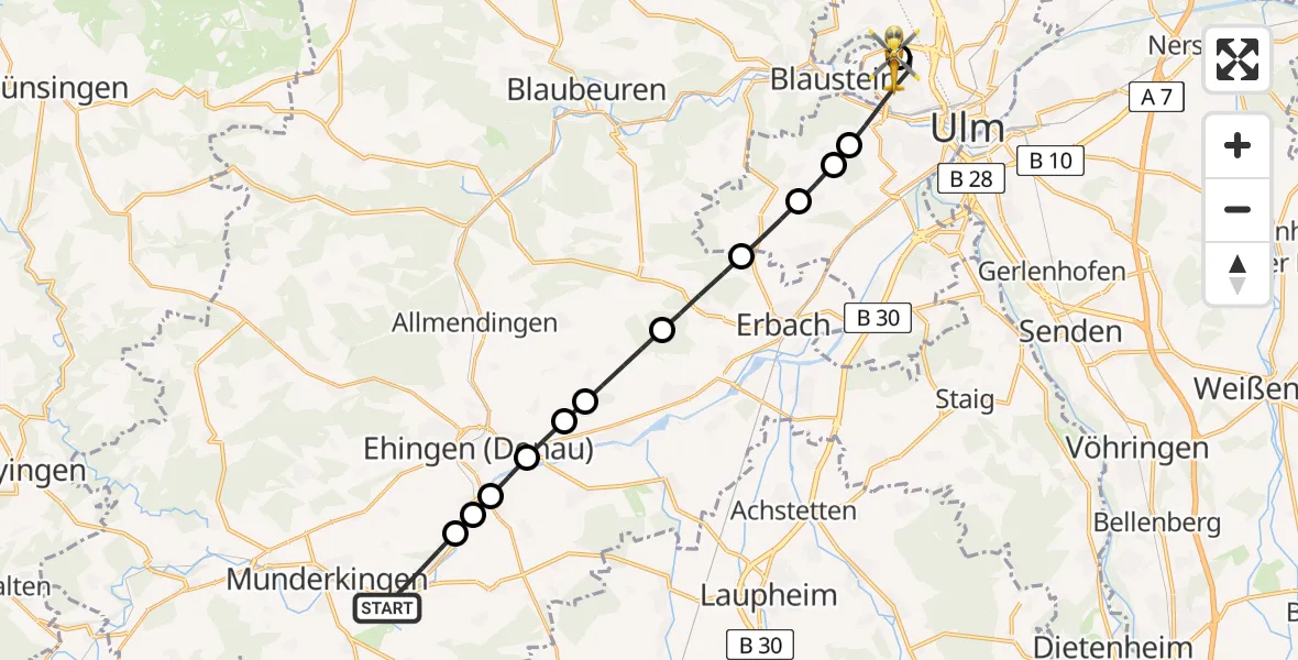 Flugroute Rettungshubschrauber Rottenacker - Ulm Military Hospital Emergency Heliport, 23 Februar 2026, 16:01