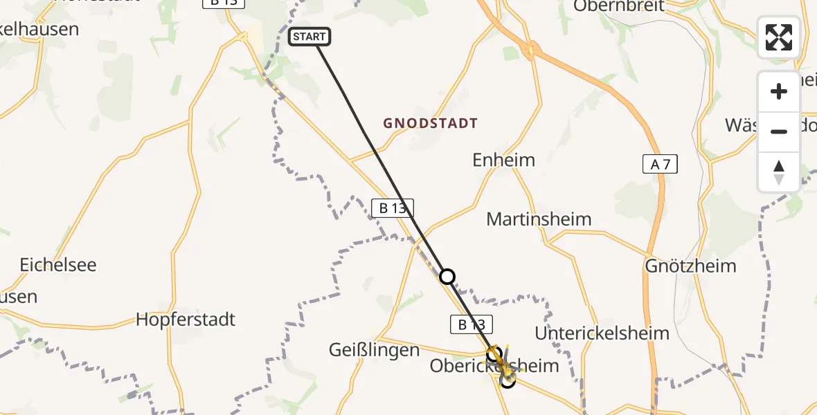 Routekaart van de vlucht: Rettungshubschrauber nach Oberickelsheim, Kirchplatz