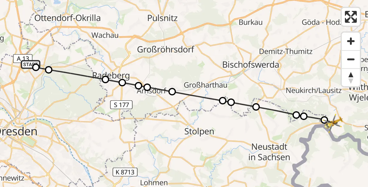 Flugroute Rettungshubschrauber Dresden Airport - Steinigtwolmsdorf, 23 Februar 2026, 16:07
