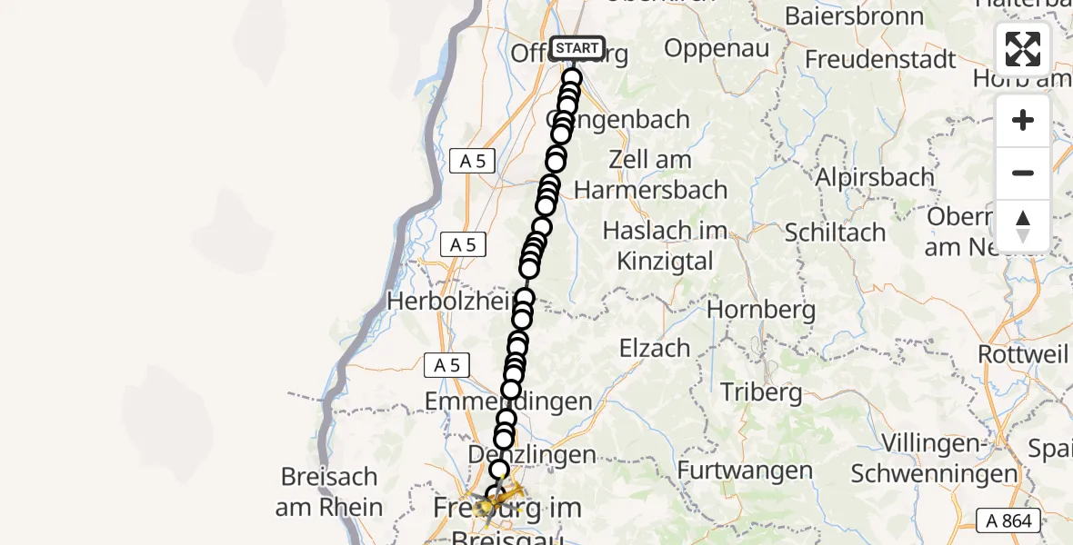 Routekaart van de vlucht: Rettungshubschrauber nach Freiburg im Breisgau Airfield