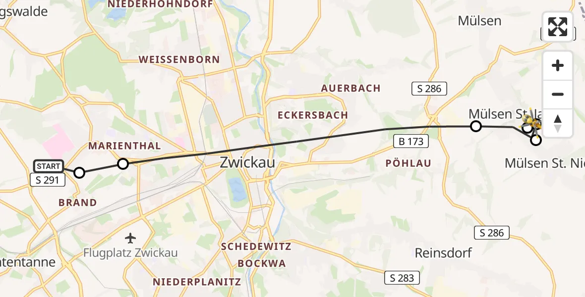 Flugroute Rettungshubschrauber ADAC Air Rescue Station Zwickau Heliport - Mülsen, 23 Februar 2026, 16:25