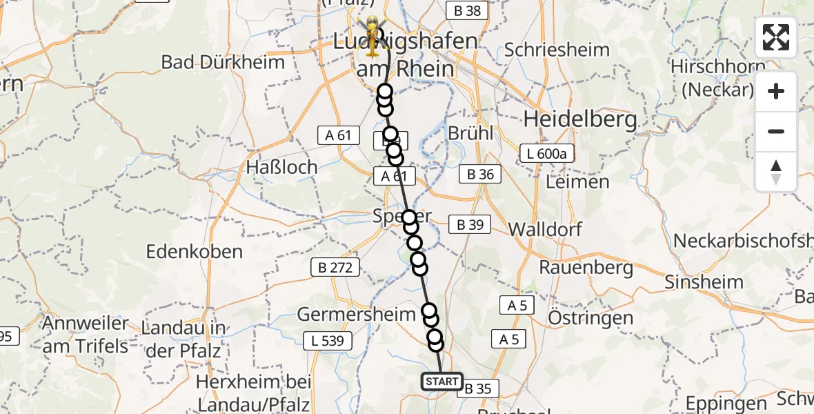 Flugroute Rettungshubschrauber Graben-Neudorf - Ludwigshafen Accident Hospital Heliport, 23 Februar 2026, 16:33