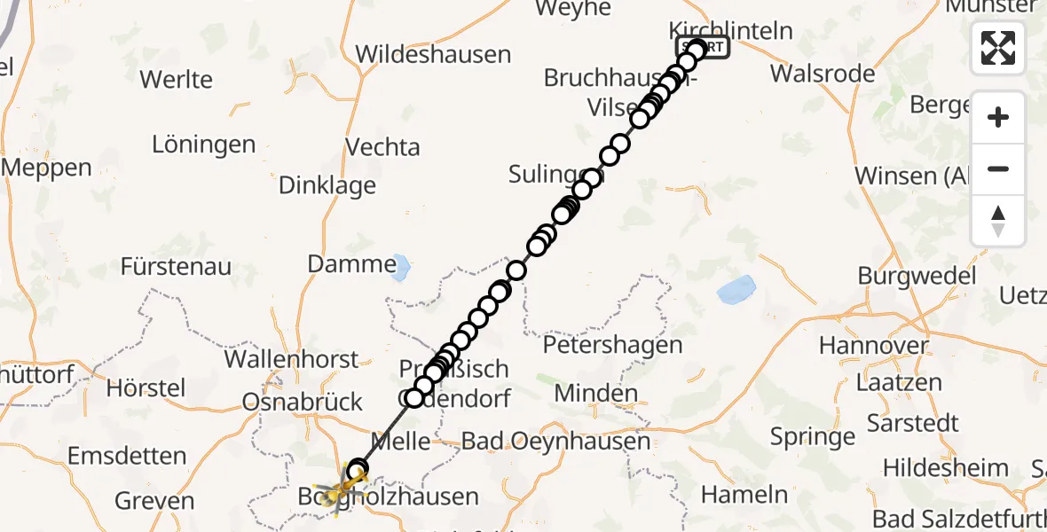 Flugroute Ambulanzhubschrauber Verden (Aller) - Dissen am Teutoburger Wald, 23 Februar 2026, 16:35