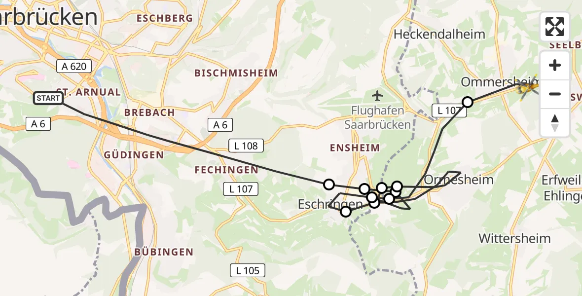 Flugroute Rettungshubschrauber Saarbrücken - Ommersheim, 23 Februar 2026, 16:46