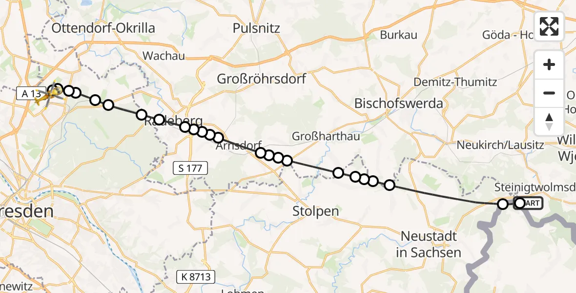 Routekaart van de vlucht: Rettungshubschrauber nach Dresden Federal Police Heliport