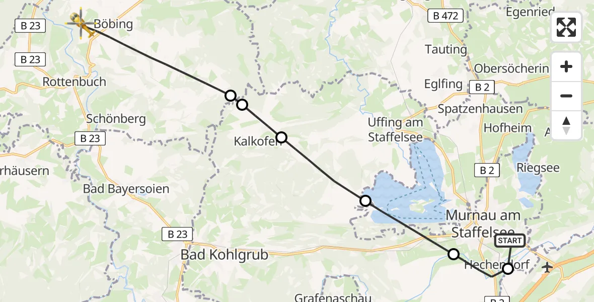 Flugroute Rettungshubschrauber Murnau Accident Hospital Heliport - Böbing, 23 Februar 2026, 16:58