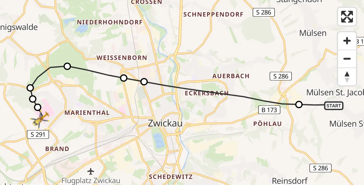 Flugroute Rettungshubschrauber Mülsen - ADAC Air Rescue Station Zwickau Heliport, 23 Februar 2026, 17:07