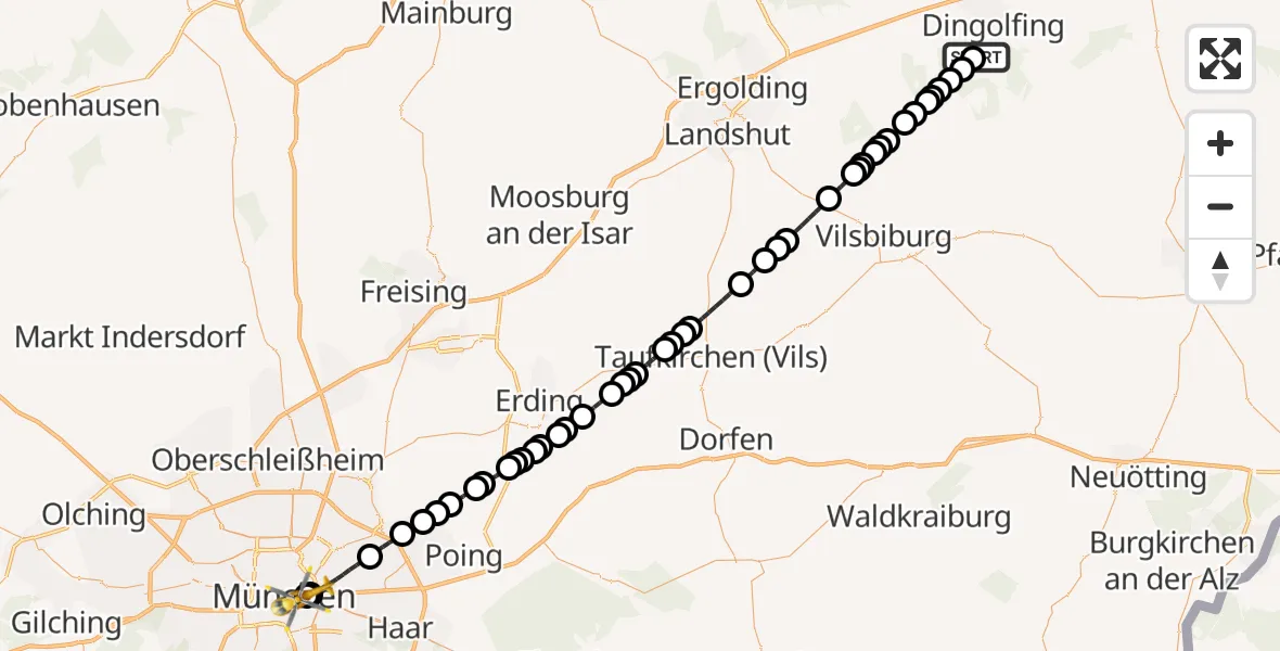 Flugroute Rettungshubschrauber Dingolfing - Rechts der Isar University Hospital Heliport, 23 Februar 2026, 17:18